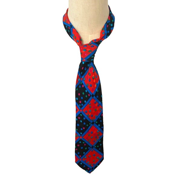 VTG FRED HAYMAN Beverly Hills 100% SILK TIE Red Polka Dot Geometric Colorful Blu - Picture 1 of 6